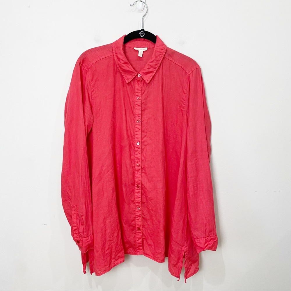 Eileen Fisher Irish Linen Button Down Shirt Red Classic